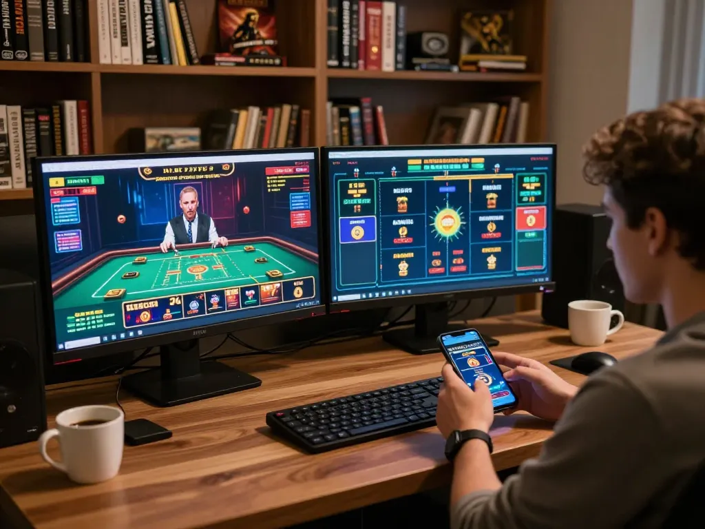 Engaging in go8 online gaming with dual monitors showcasing live casino action and strategic betting