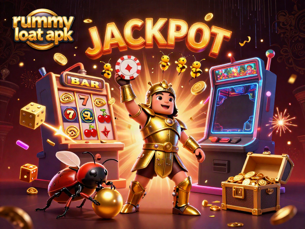 Join the thrilling adventure with the rummy loot apk, featuring a victorious beetle and dazzling casino elements.