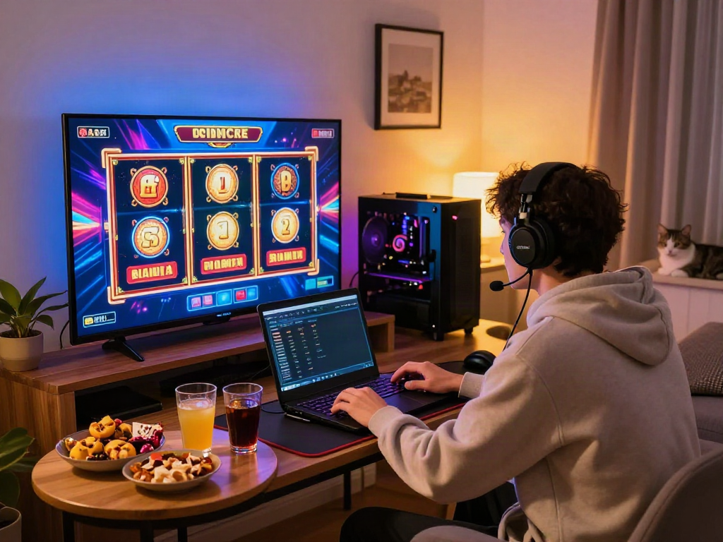Engaging gaming setup featuring akunjp online slot gaming experience with cozy atmosphere.