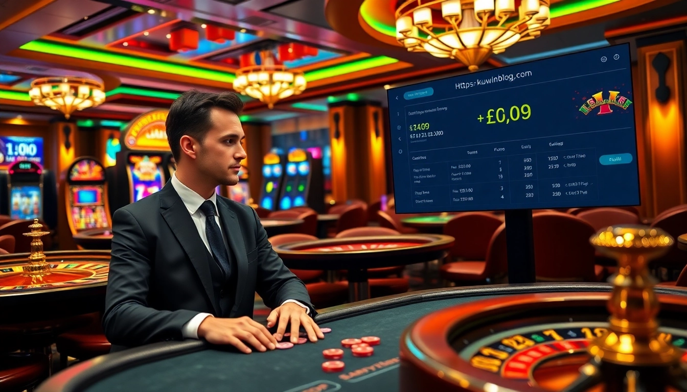 Experience thrilling gameplay at KUWIN's casino, with poker chips and vibrant casino tables.