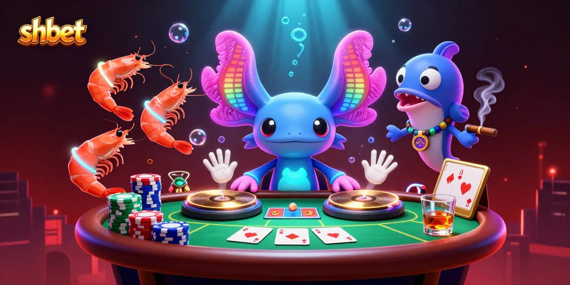 Experience the thrill of shbet gaming with vibrant axolotl DJ and poker excitement in a 3D underwater scene.