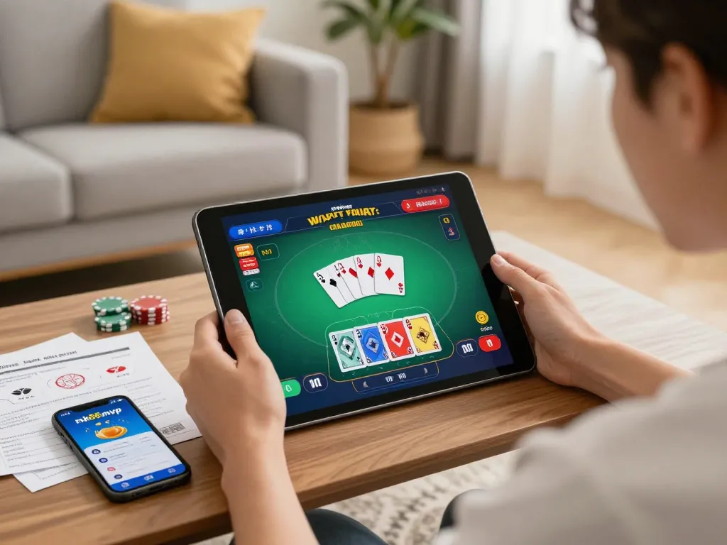 Engaging with the nk88mvp app for online poker gameplay at home in a cozy atmosphere.