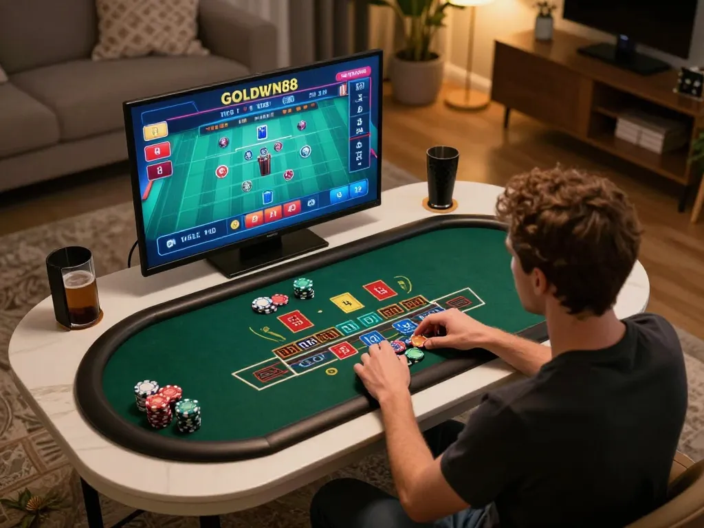 Pemain terlibat dalam permainan blackjack dealer langsung di GOLDWIN88 dari kenyamanan rumah.