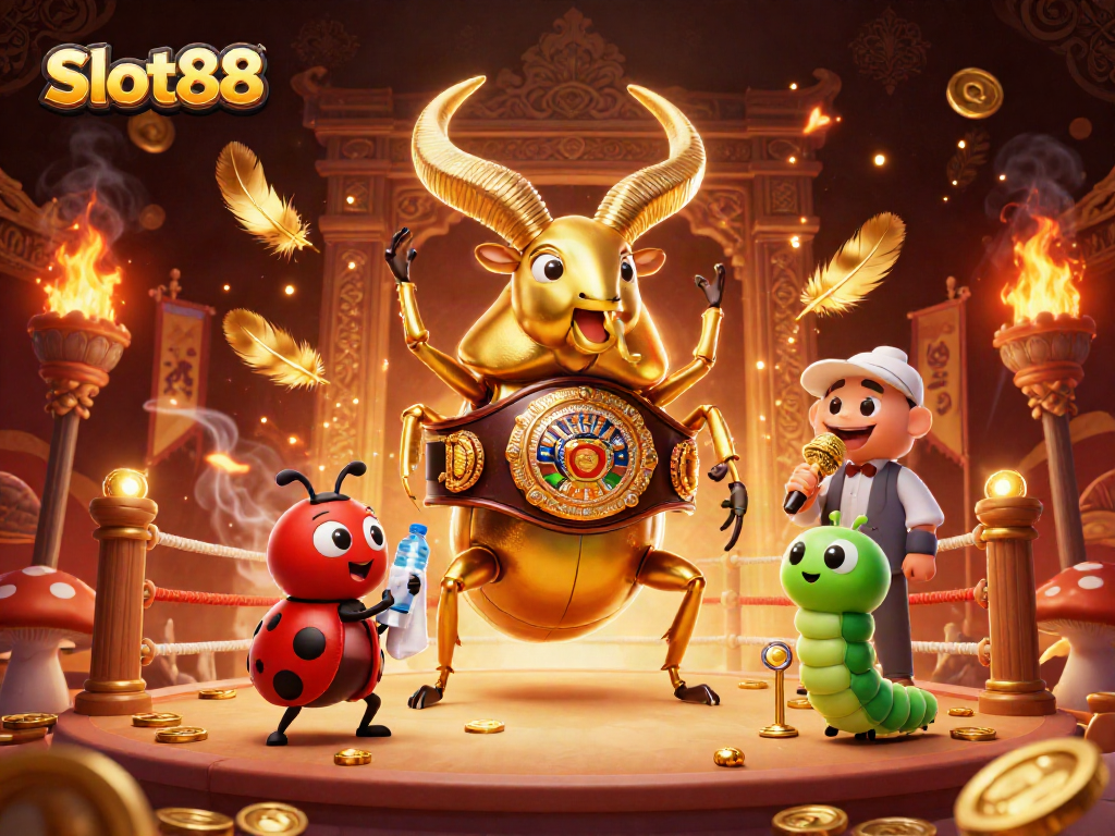 Slot88 animation featuring a giant golden stag beetle in a champion boxing match with casino elements.