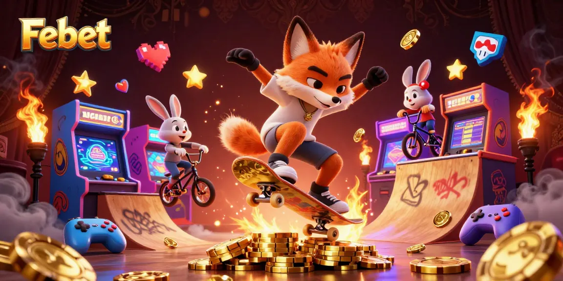 Join the Febet thrill as a skateboarder fox and BMX-riding rabbit navigate a vibrant casino adventure.