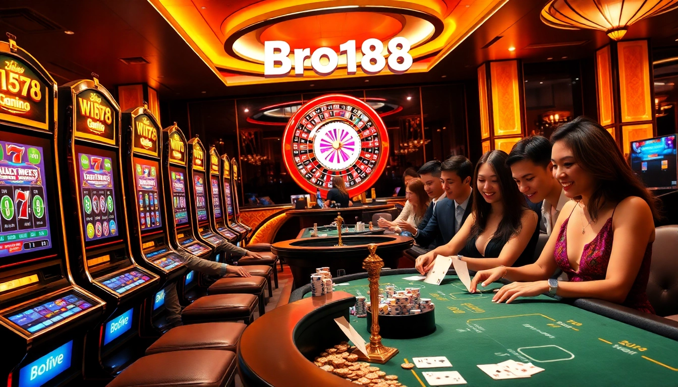 Bro138 slot machines illuminate a luxurious casino scene with joyful players and vibrant colors.