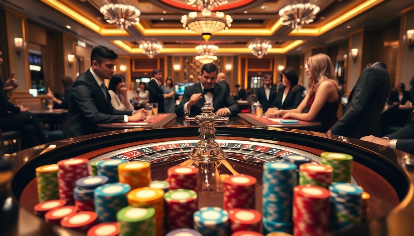 Permainan kasino situs toto dengan pemain terlibat di meja roulette yang penuh warna.