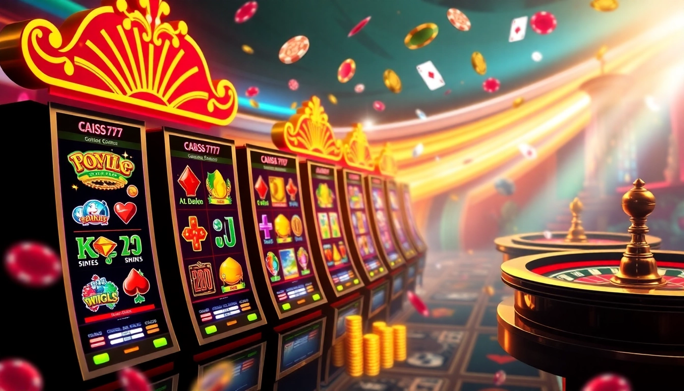 Engage with thrilling slots777 online gaming experience featuring vibrant slot machines and casino elements.