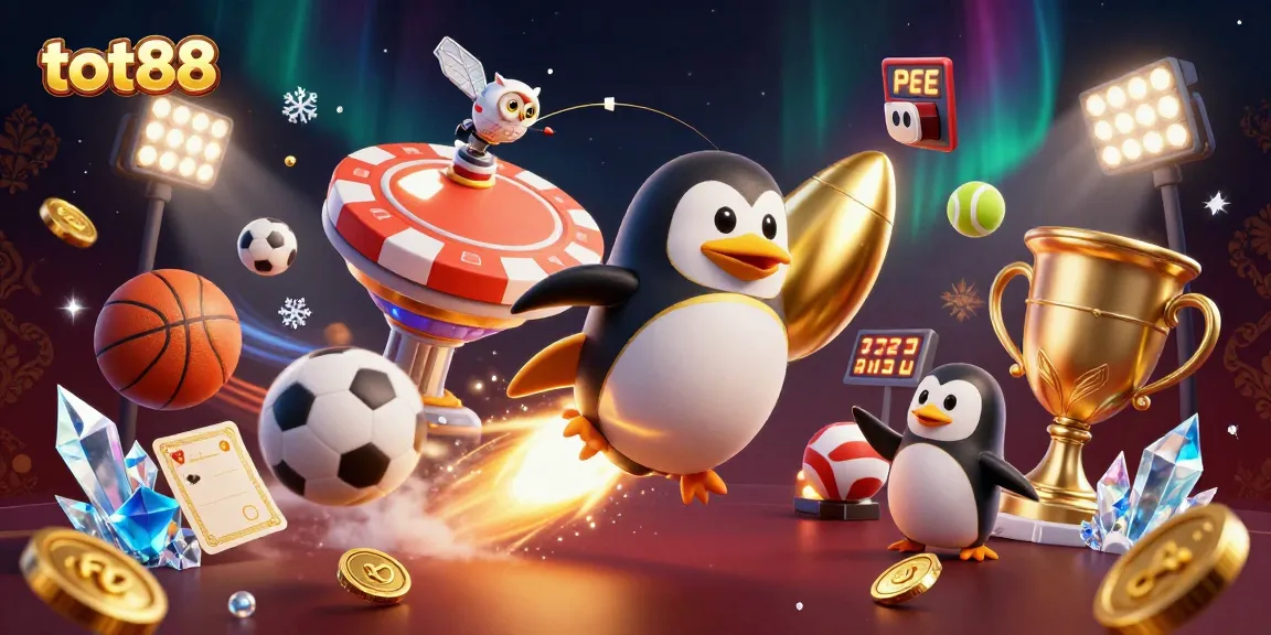 tot88 showcases a golden penguin in a dynamic casino-themed space adventure with sports elements.