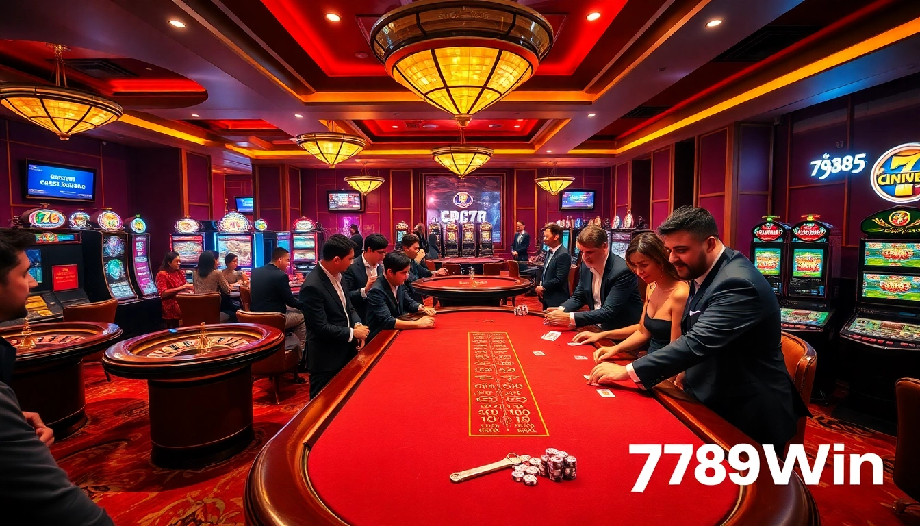 Players strategizing wins at 789Win casino tables, surrounded by vibrant slot machines.