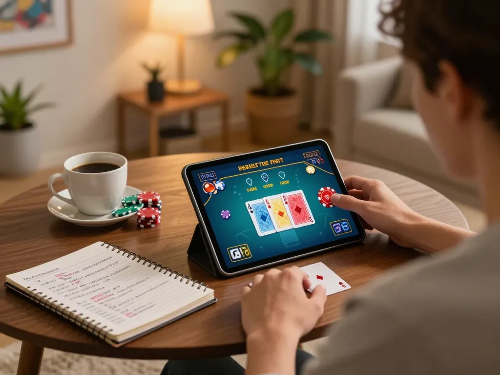 Engaging online poker gameplay scene on tablet, showcasing badak178 strategies with colorful chips.