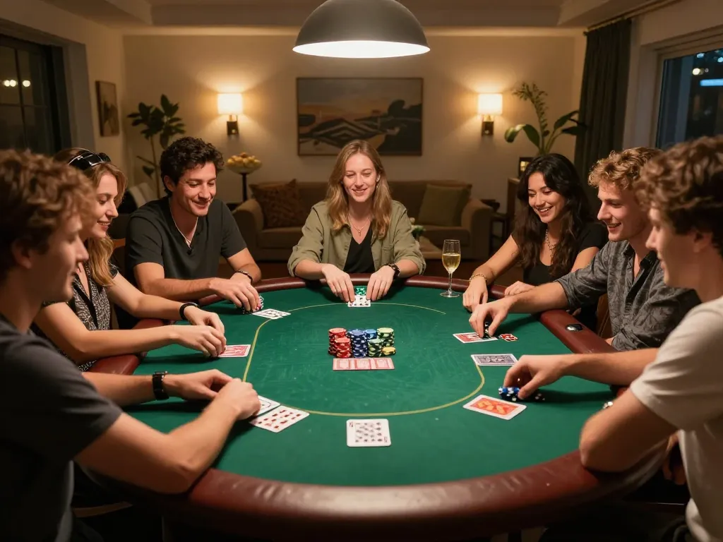 Friends engaging in a lively poker game at home, emphasizing social fun and strategy on qh88eu platform.