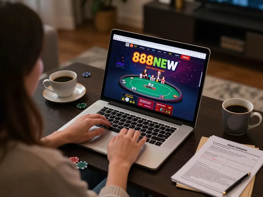 Player enjoying an online poker game on 888NEW with a cozy setup including a laptop and coffee cup