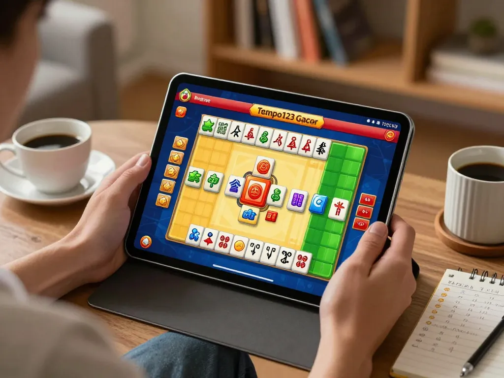 Player enjoying Tempo123 Gacor gameplay, vibrant screen showcasing Mahjong Ways in cozy living room.