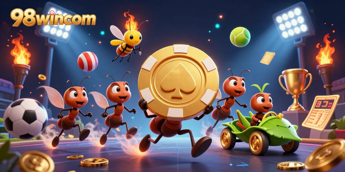 Engage in thrilling adventures with 98wincom as cartoon ants carry a giant poker chip through a vibrant casino scene.