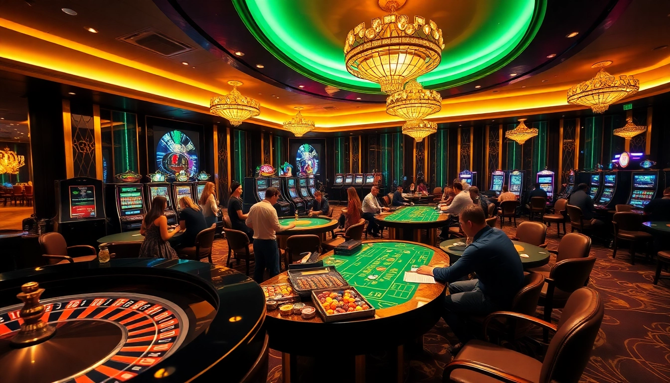 Pemain menikmati permainan yang meriah di kasino Datukwin, menampilkan meja roulette dan mesin slot yang hidup berwarna-warni.