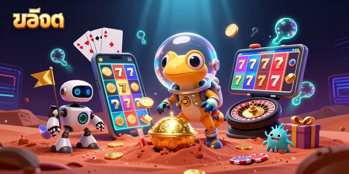 Spin the สล็อต reels with an adventurous Martian gecko in a vibrant casino scene!