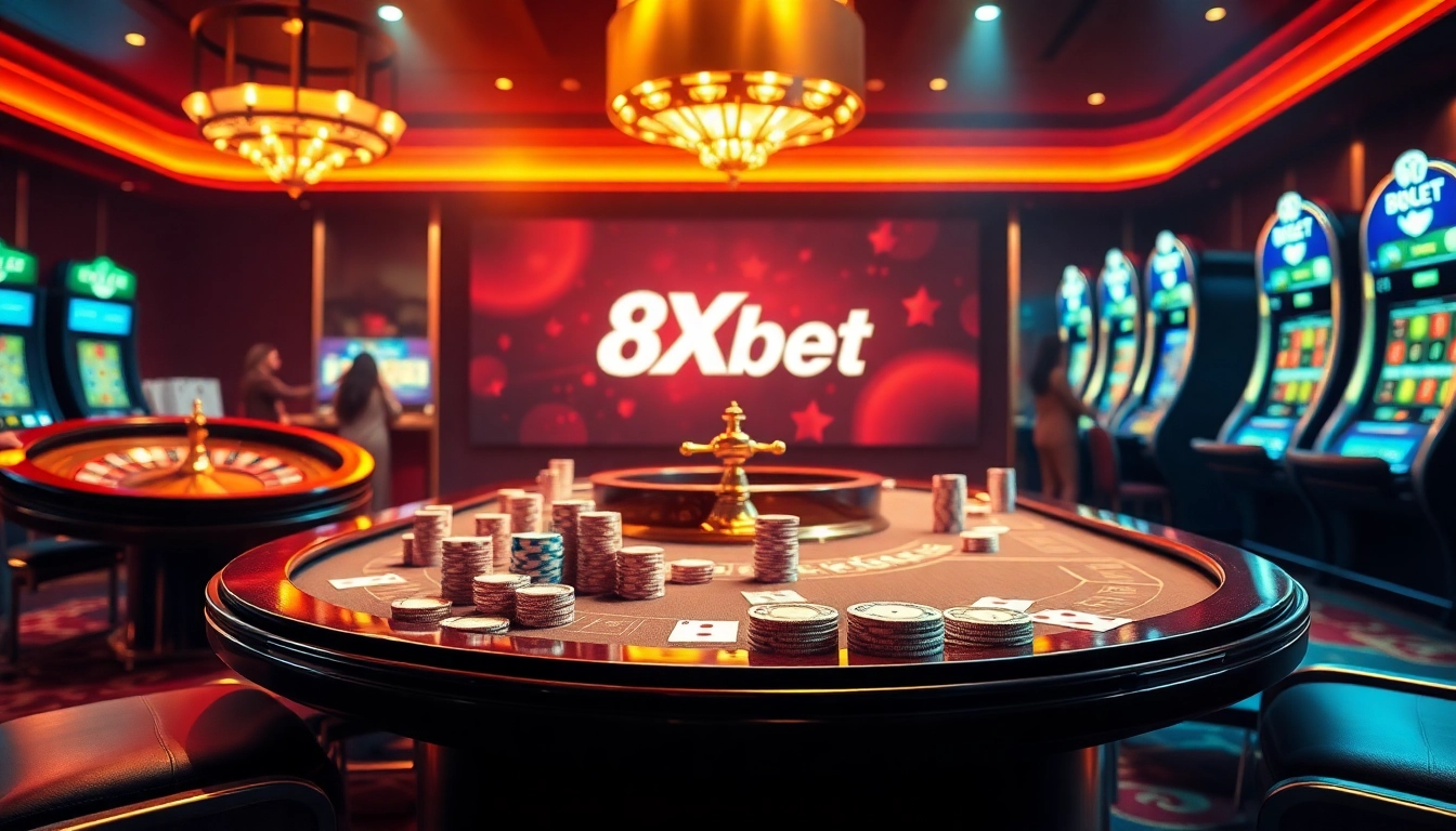 Experience the thrill of winning at 8Xbet with a dynamic casino scene filled with poker chips and roulette wheels.