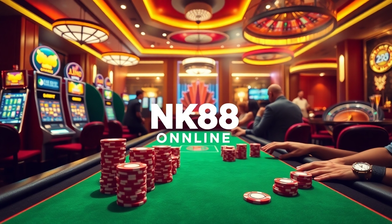 Experience intense gaming action with NK88 ONLINE at a vibrant casino table surrounded by poker chips and slot machines.