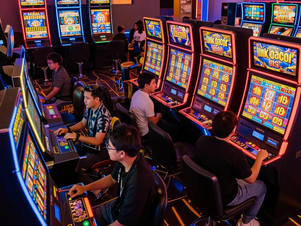 The excitement of players spinning colorful slot machines showcasing link gacor opportunities for winning opportunities.