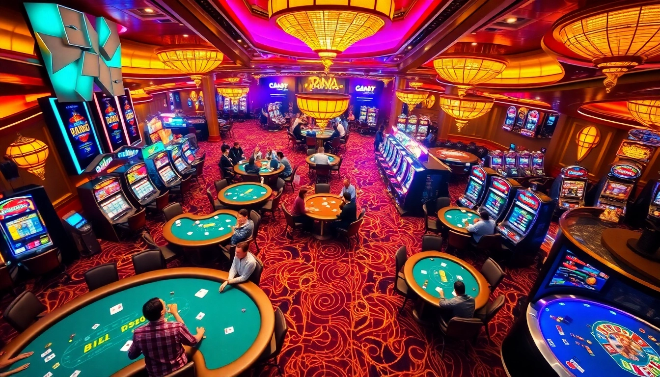 Experience the excitement of fun79 with players engaging at lively casino tables and vibrant slot machines.