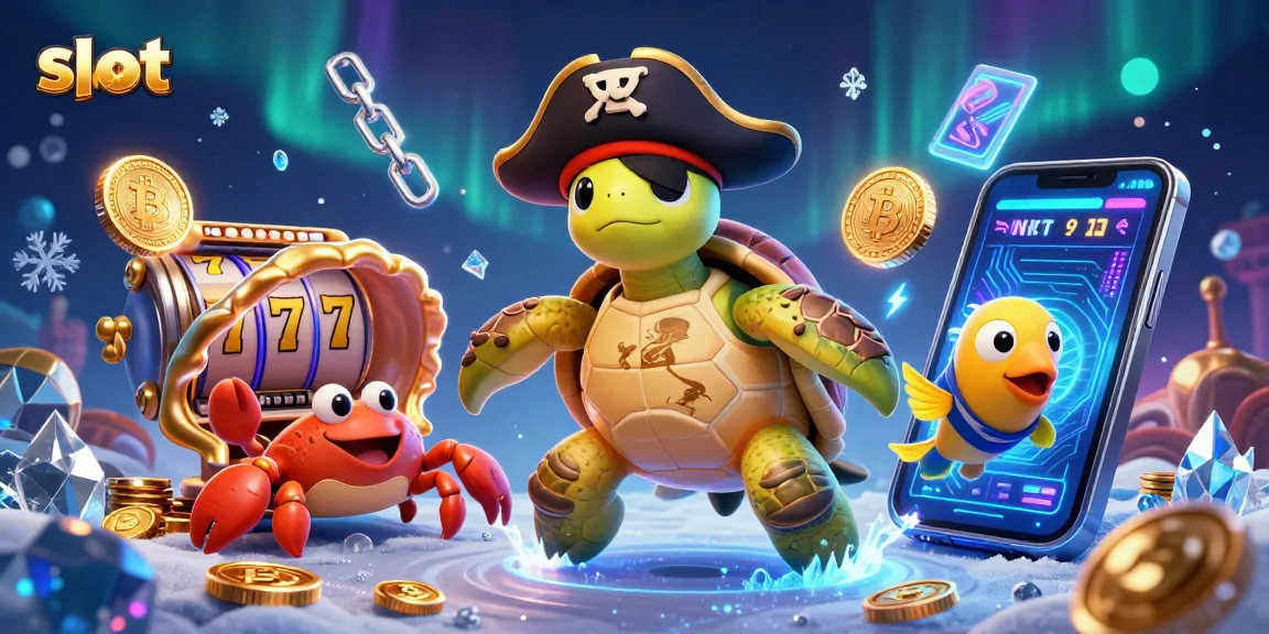 Spin the slot reels with the pirate turtle in a vibrant underwater treasure scene featuring crypto elements.