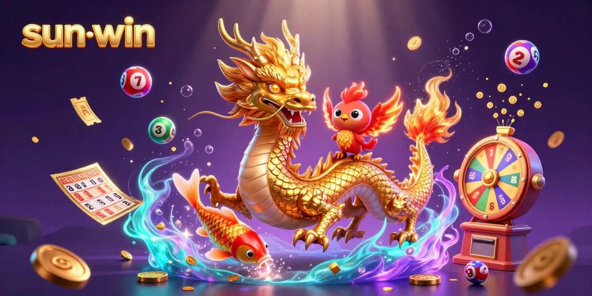 Join the sun-win gaming adventure with dynamic characters and vibrant illustrations featuring online casino elements.