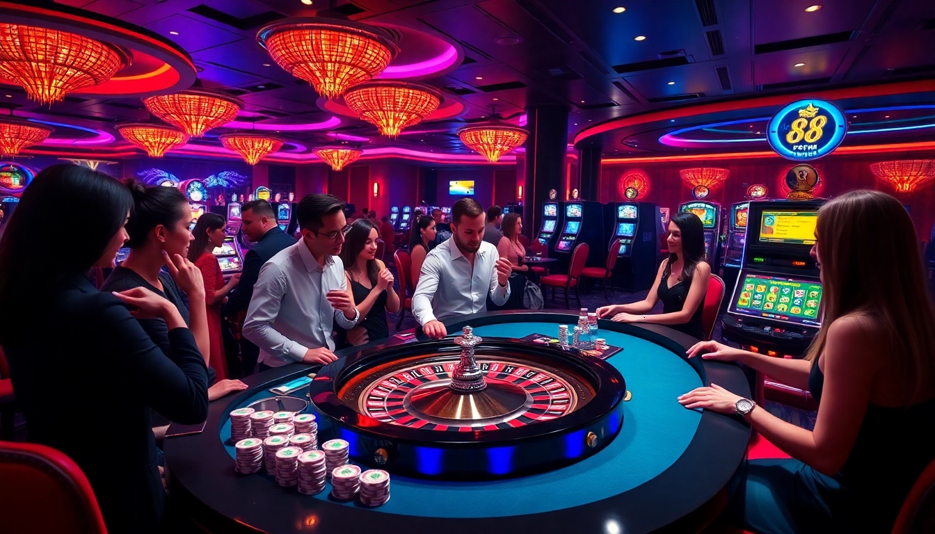 Excited gamblers enjoying roulette at Helloo88's luxurious casino atmosphere.