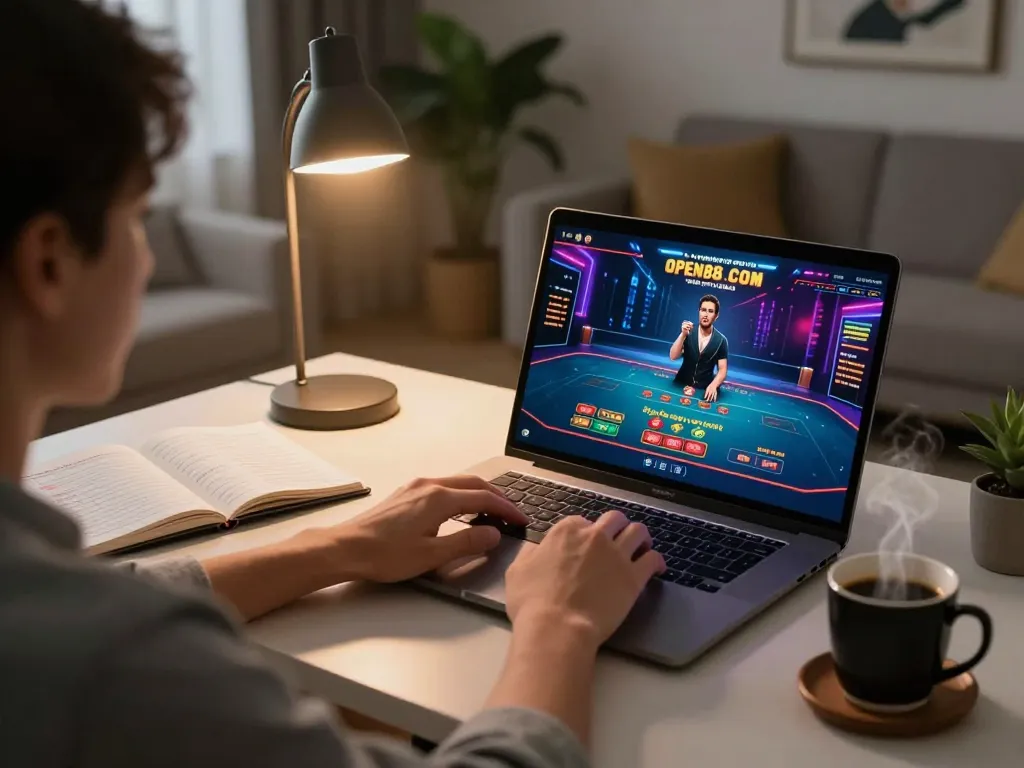 A player engages in online gaming on open88.com from a stylish desktop setup, emphasizing strategic gameplay and comfort.