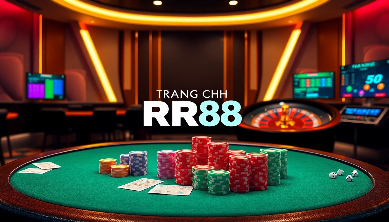 Betting excitement at Trang Chủ RR88 with a vibrant online casino scene featuring poker chips and cards.