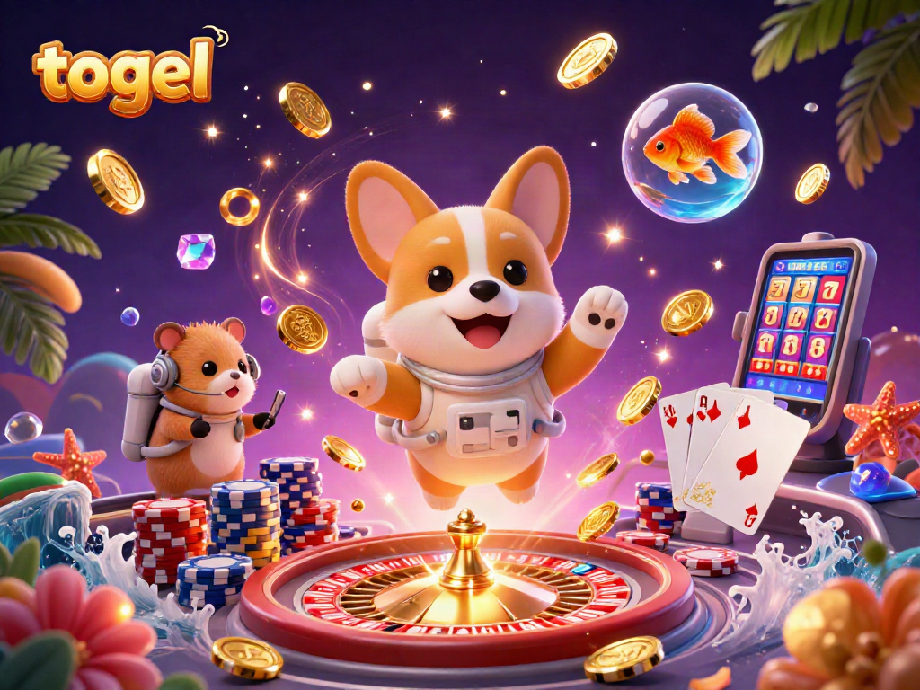 Engage in togel gameplay with vibrant casino-themed 3D illustration featuring fun characters and dynamic elements.