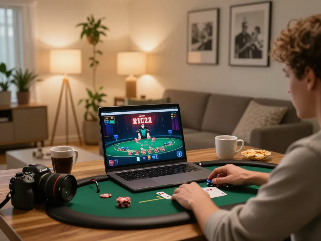Playing poker online at king33 in a cozy home setting with strategic focus