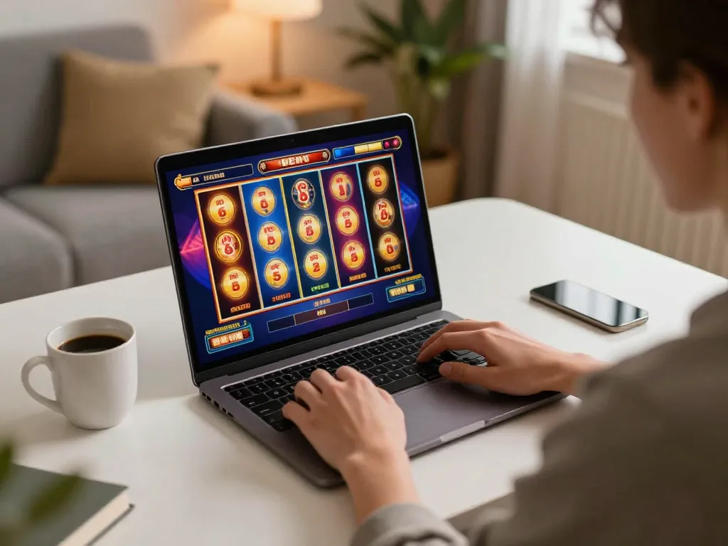 Engaging online slot online gaming session showcasing vibrant reels spinning on a laptop.