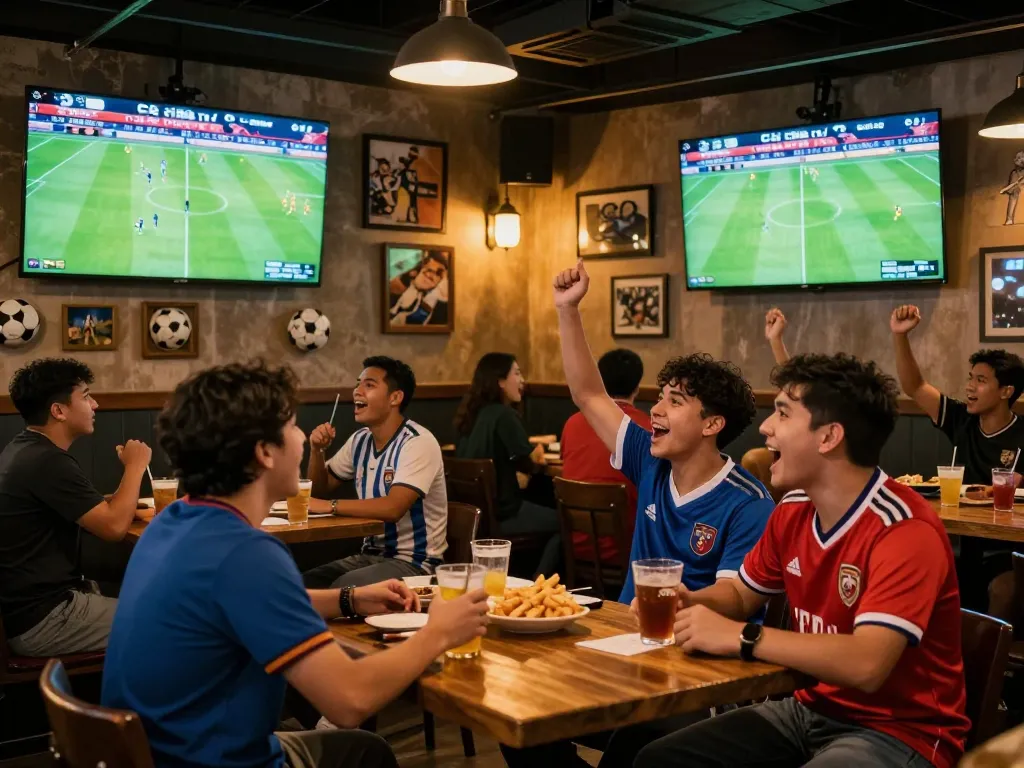 Cà Khịa TV captures sports fans engaged in live football betting excitement at a vibrant sports bar.