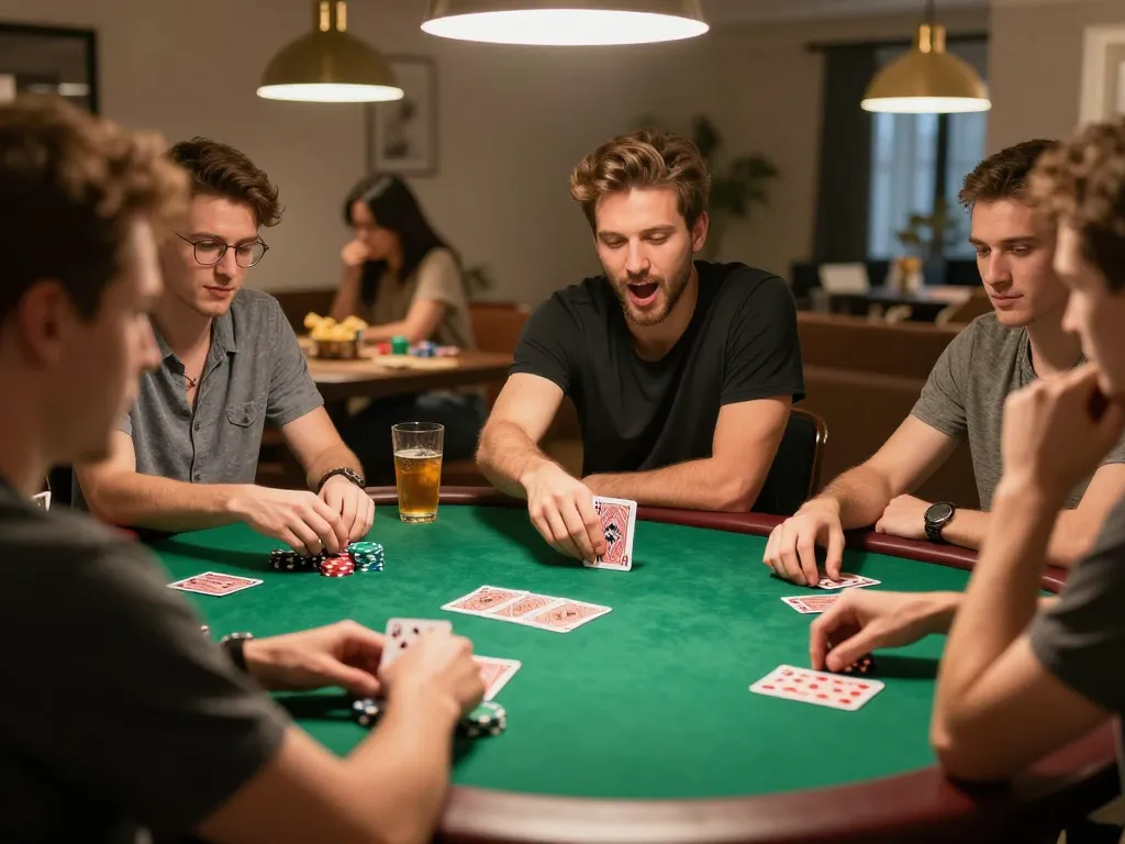 Friends enjoying a lively poker night at home, showcasing the engaging atmosphere of tle-online gaming.