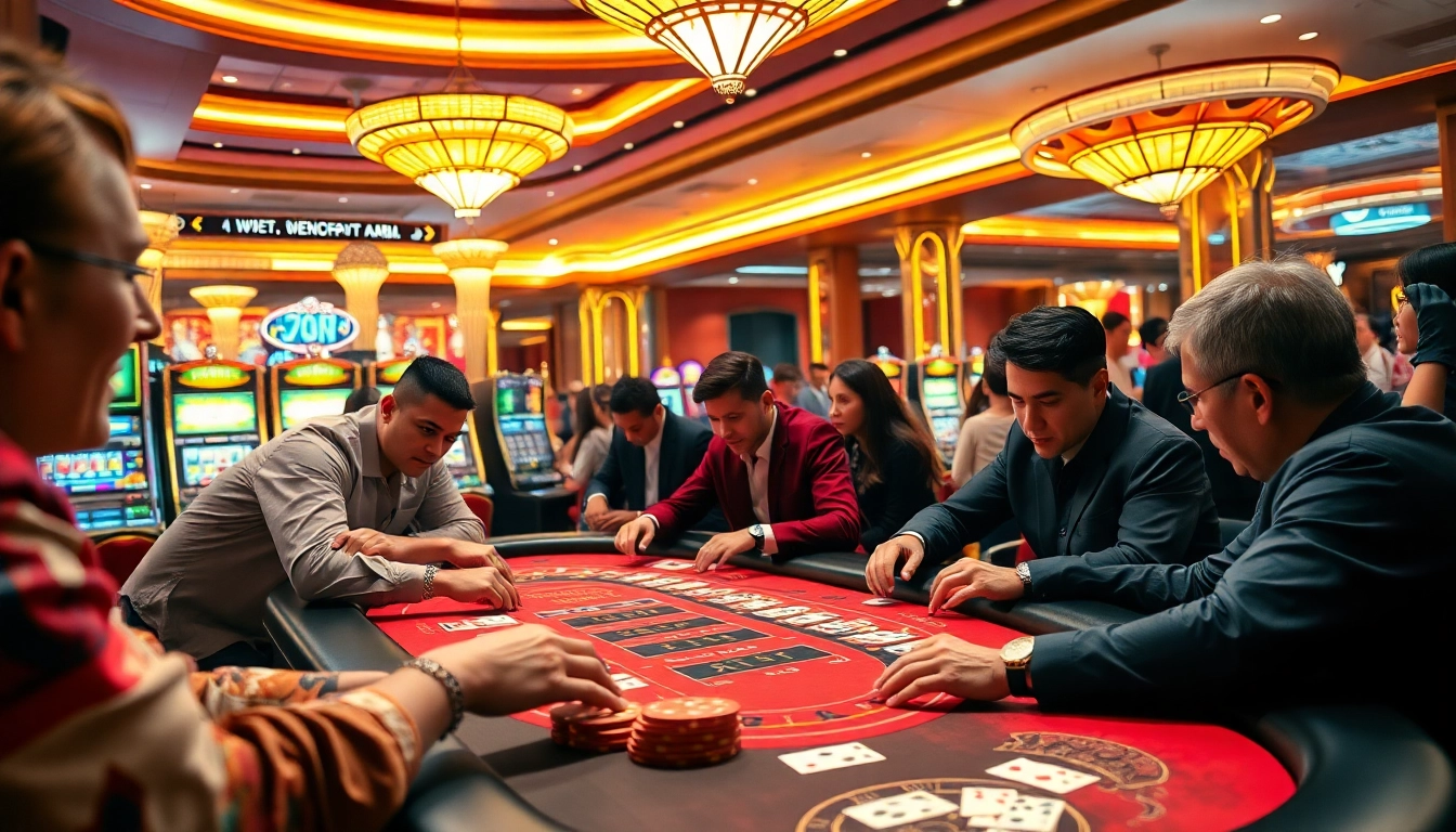 Bandar togel game menarik dengan pemain bersorak di kasino yang cerah.