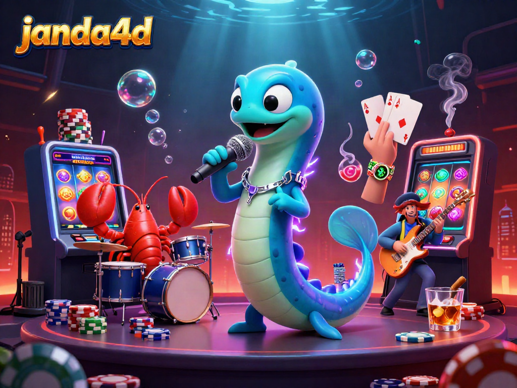 Seru bermain di JANDA4D dengan ilustrasi 3D kasino bawah laut, ikan belut DJ dan band latar.
