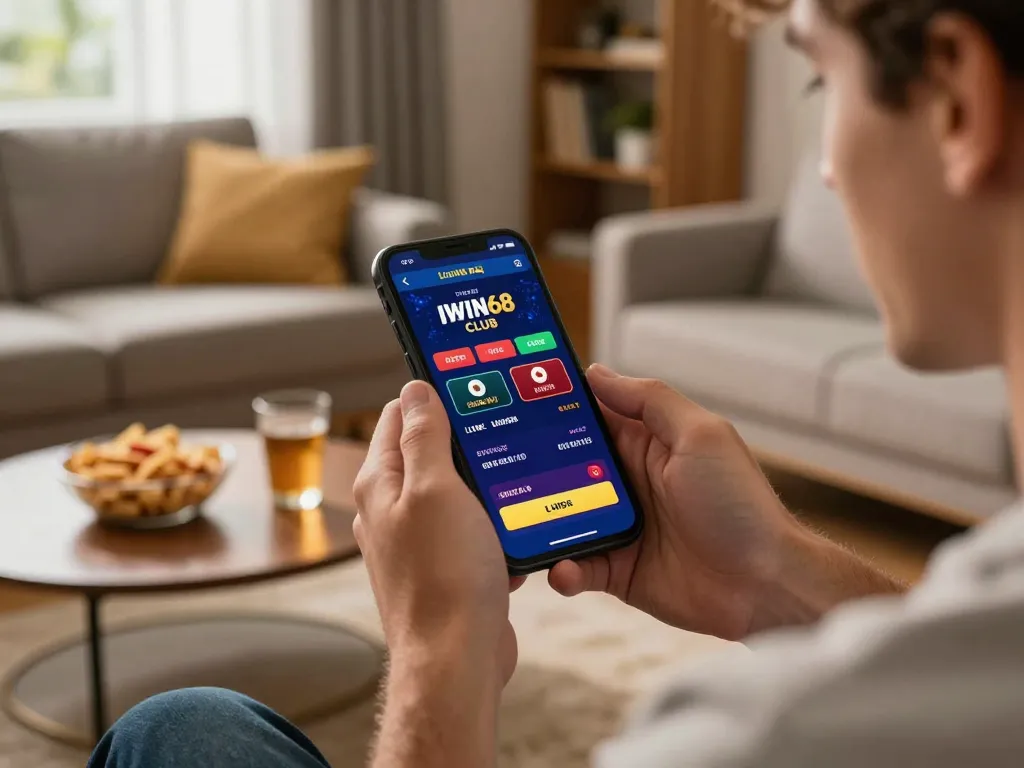 IWIN68 CLUB mobile app displayed on a smartphone during an exciting home gaming session