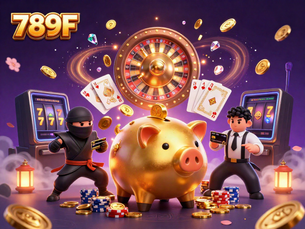 Experience the thrill of 789F casino with a vibrant scene of characters and game elements.