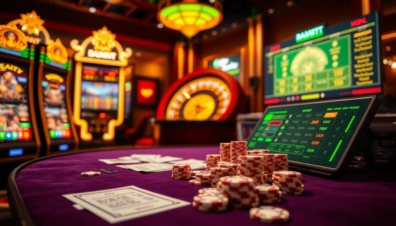 kpjitu alternatif showcasing vibrant online gambling elements, including slot machines and poker chips.