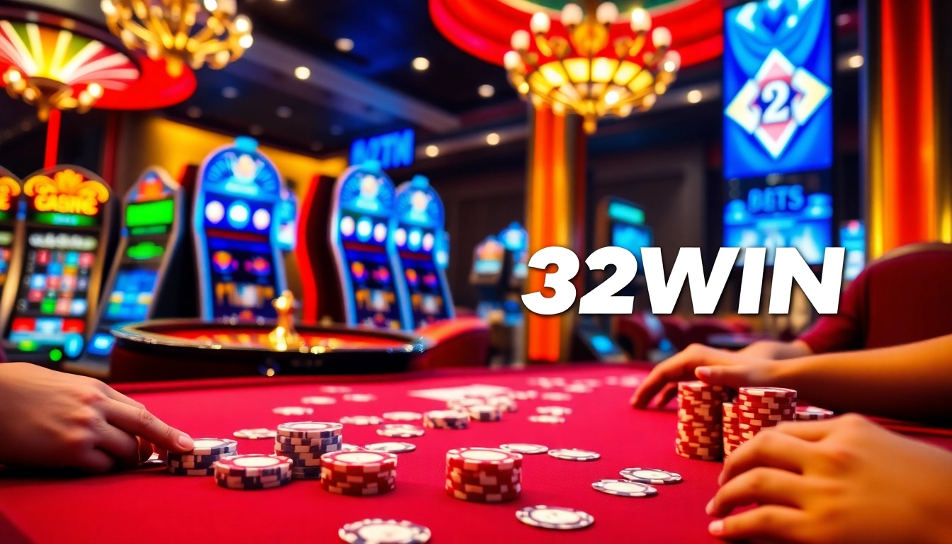 Courageously placing bets at 32WIN casino with vibrant tables and thrilling gaming atmosphere.