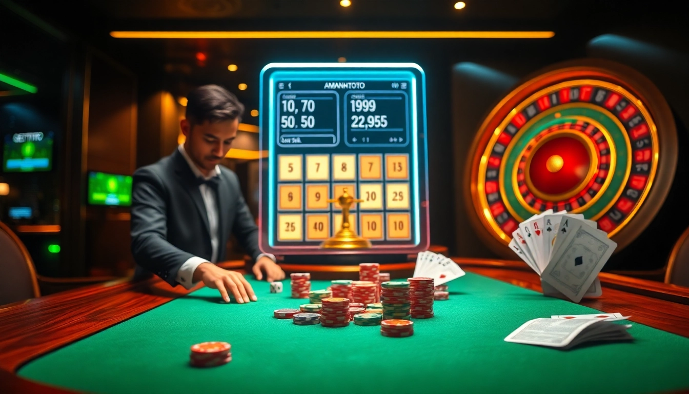 Engaging gameplay scene showcasing Amanahtoto’s digital poker chips and betting action at a modern casino table