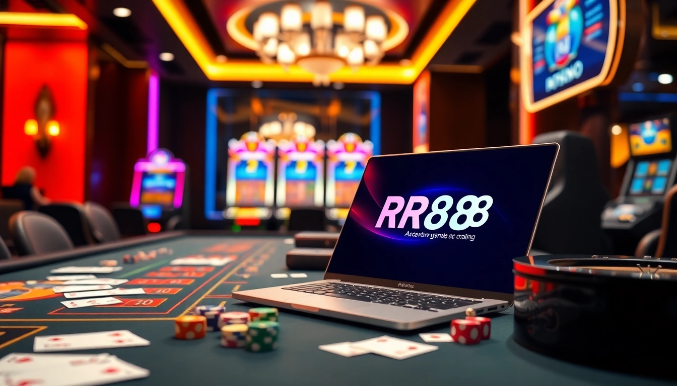 Enjoying the thrilling RR88 apk experience at a luxurious online gambling table with poker chips.