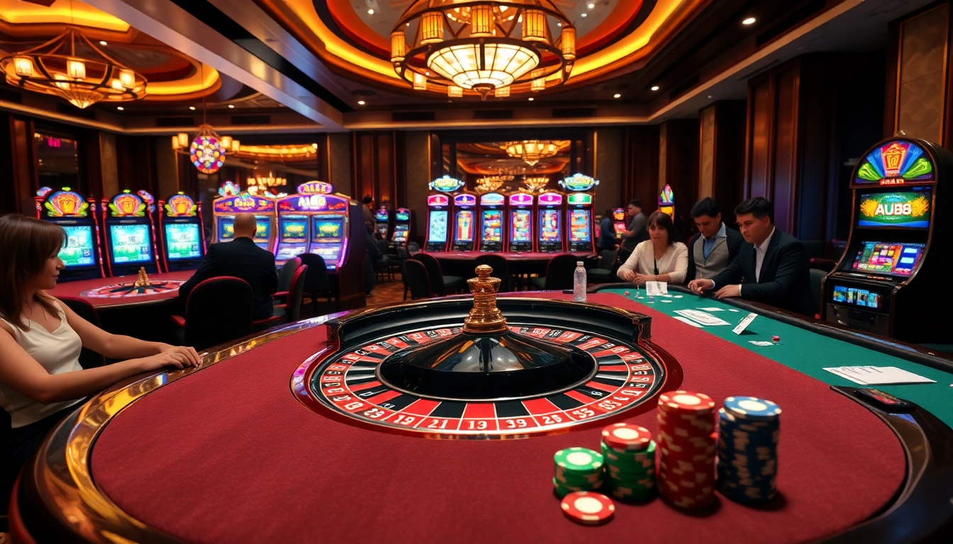 Players enjoying a thrilling casino game at AU88, featuring poker chips and vibrant slot machines.