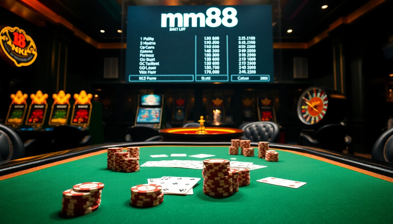 Experience the excitement of poker with mm88 link at a luxurious casino table filled with chips and cards.