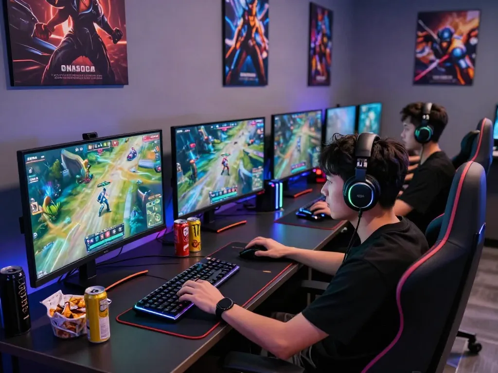A80 gaming setup with gamer in modern lounge immersed in vibrant multiplayer action.
