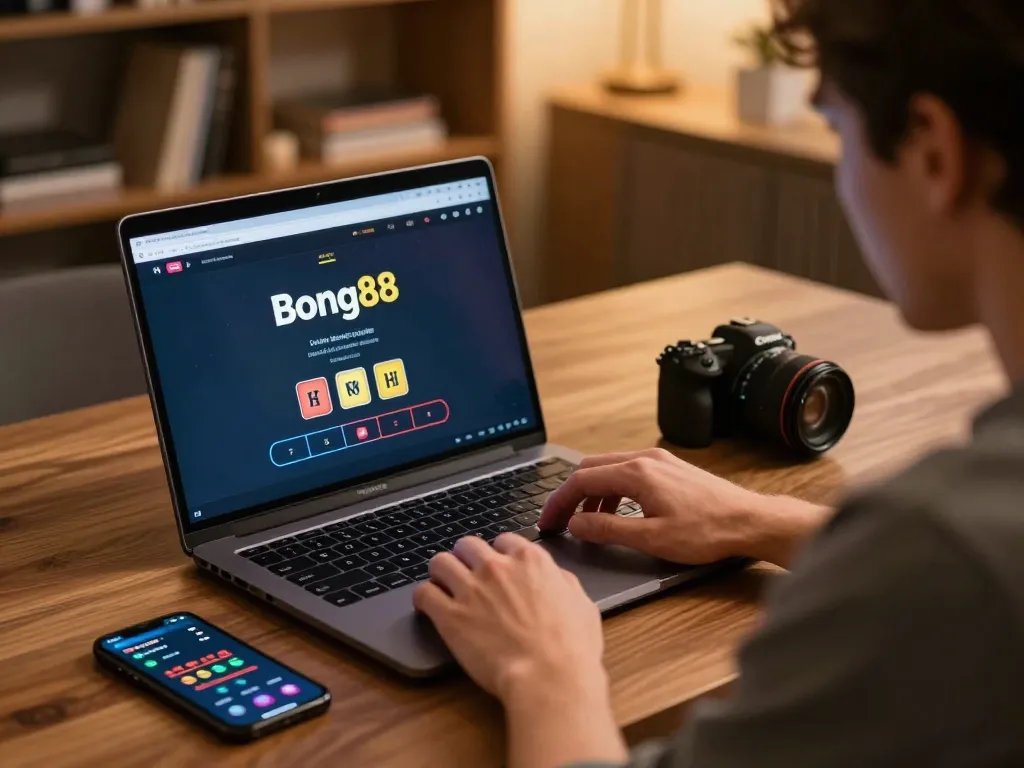 Bong88 player focused on live dealer blackjack at home desk with laptop and betting notifications, enhancing online gambling experience.