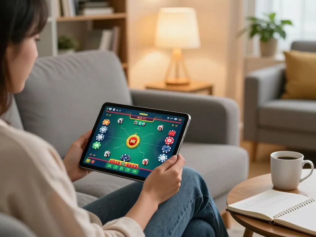 Play tài xỉu online while strategizing in a cozy home setup with tablet and notes.