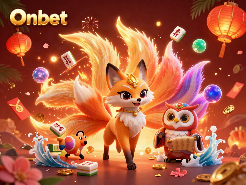 Experience thrilling wins with Onbet in this vibrant 3D gaming scene filled with colorful characters and casino elements.