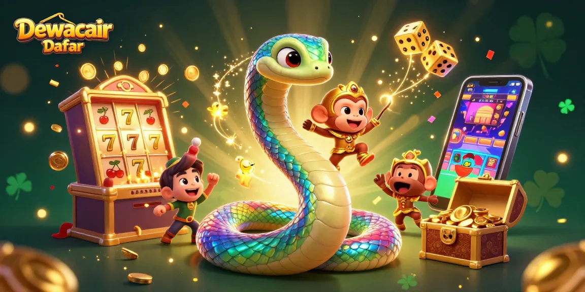 Dewacair Daftar showcases a vibrant fantasy casino world with a rainbow serpent and jackpot winnings.